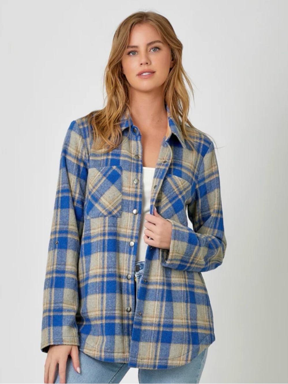 Mystree Plaid Shacket-Blue Craft Blue and Tan Plaid Jacket‎ Size Medium